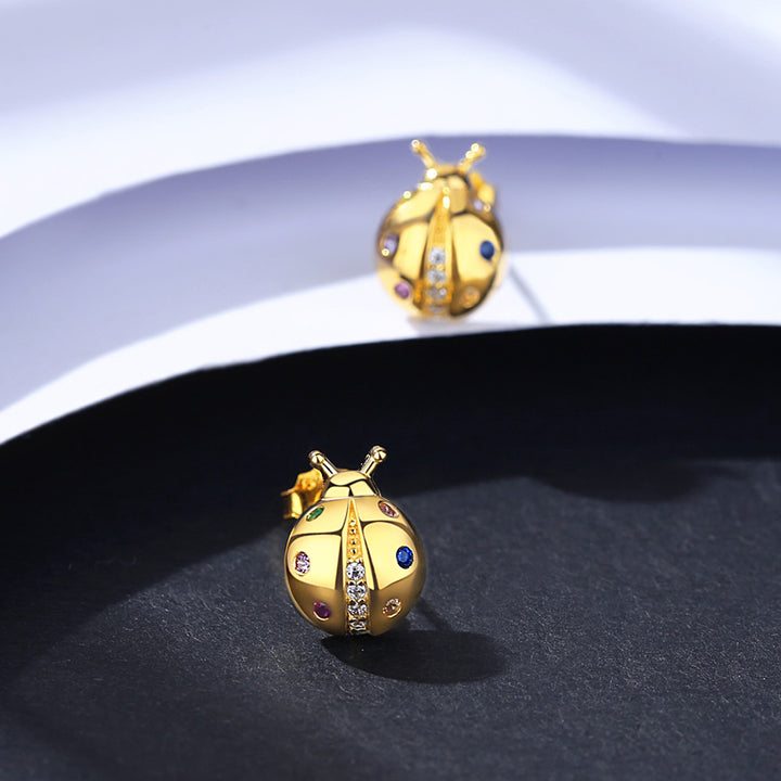 925 Silver 14K Gold Rainbow Color Zircon Ladybug Stud Earrings