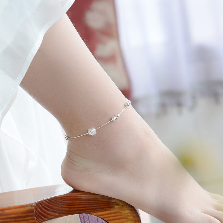 925 Sterling Silver Lucky Round Beads Box Chain Anklet