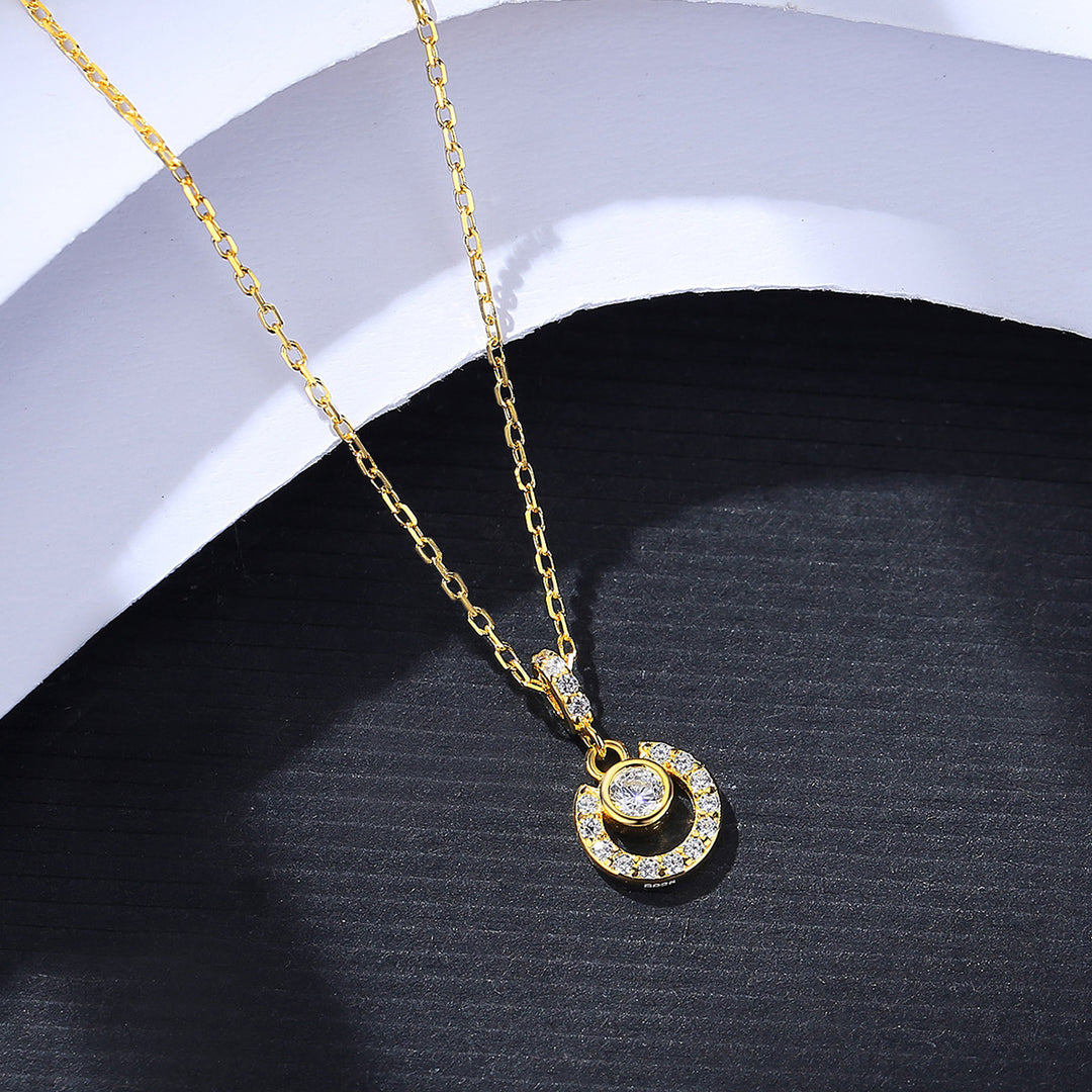 14K Gold Plated Disc Round Pendant with Zirconia Stone Necklace