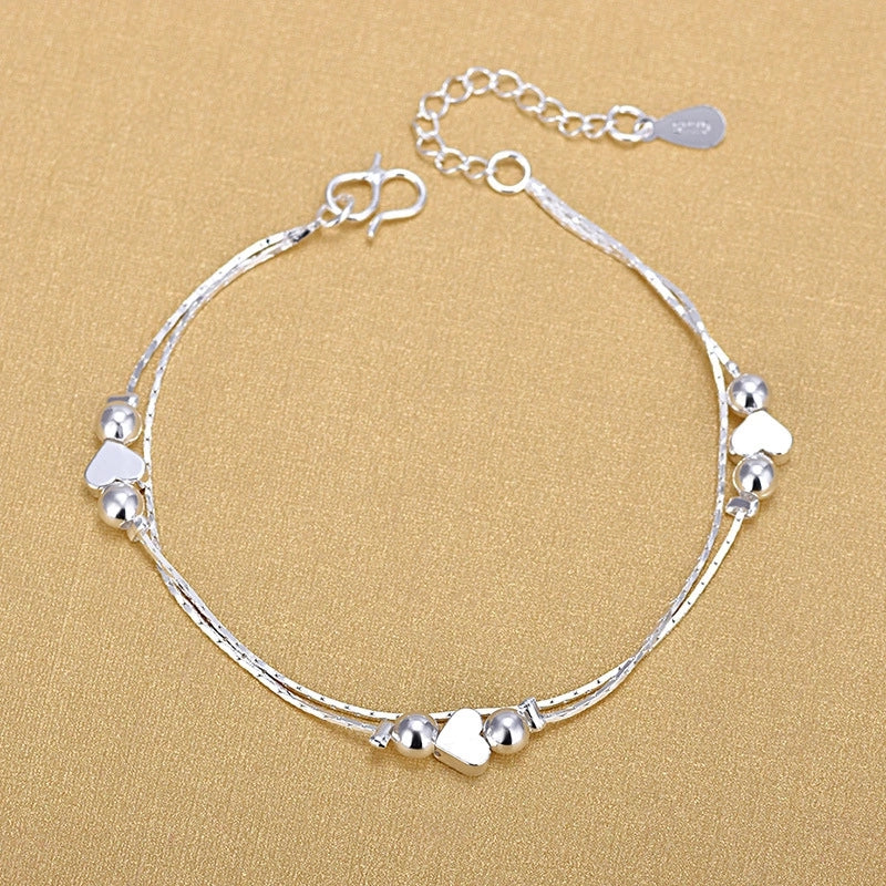 925 Sterling Silver Double Twist Chain Beads Heart Anklet