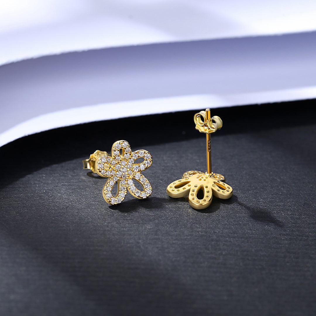 925 Sterling Silver 14K Gold Plated Small CZ Flower Stud Earrings