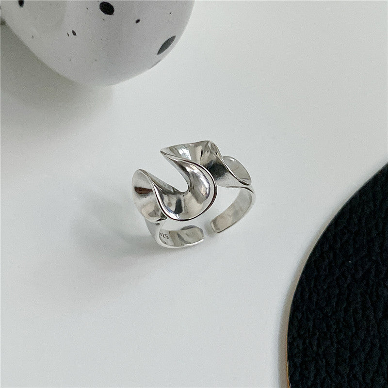 Geometric 925 Sterling Silver Abstract Art Design Edge Skirt Adjustable Ring