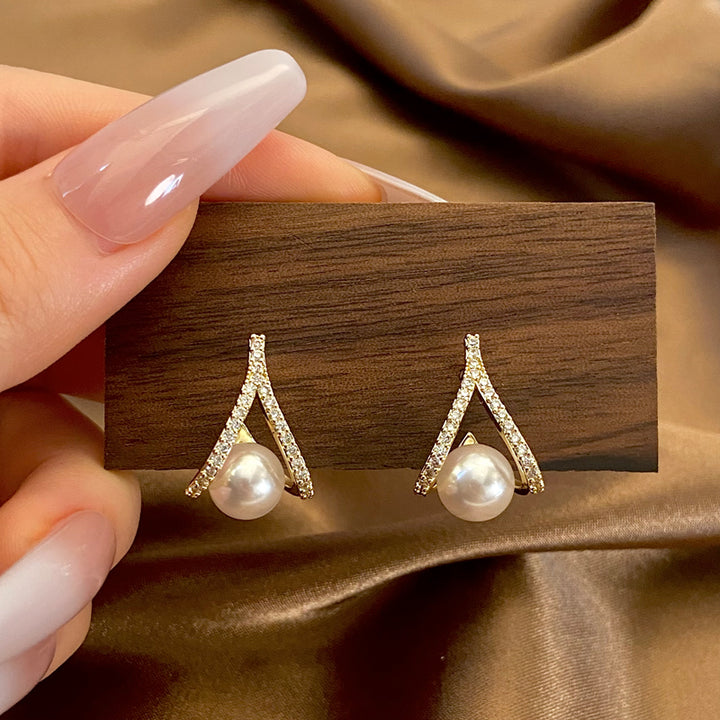 18k Gold Plated Inset Zircon Wishbone Pearl Bead Stud Earrings