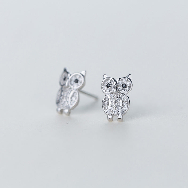 925 Sterling Silver Rhinestone Owl Stud Earrings