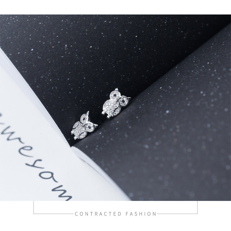 925 Sterling Silver Rhinestone Owl Stud Earrings