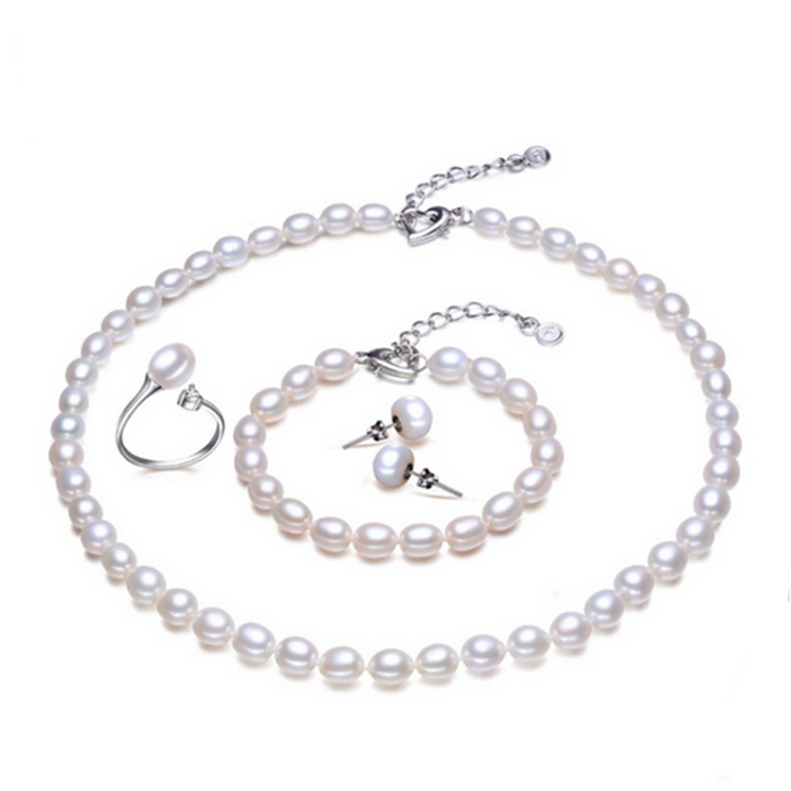 925 Silver Handmade Natural Freshwater Pearl Ring, Earrings, Bracelet and Necklace Set