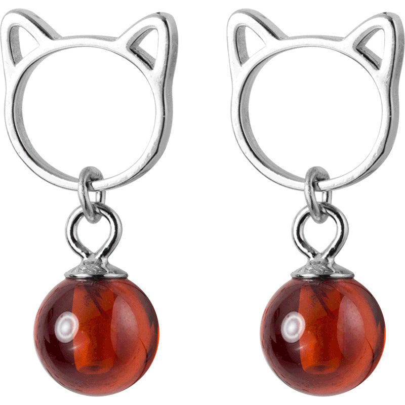 925 Sterling Silver Red Statement Beads Kitty Cat Stud Earrings