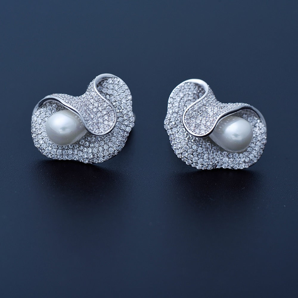 Luxury Tiny CZ Synthetic Pearl Unique Irregular Stud Earrings