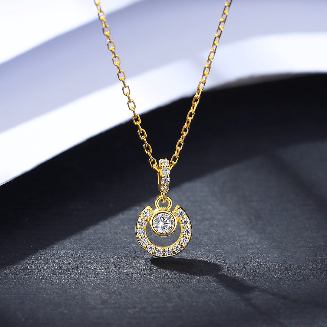 14K Gold Plated Disc Round Pendant with Zirconia Stone Necklace