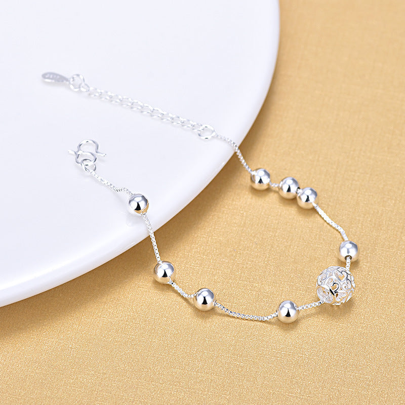 925 Sterling Silver Lucky Round Beads Box Chain Anklet