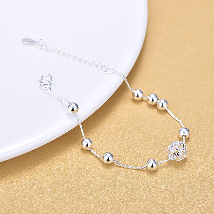 925 Sterling Silver Lucky Round Beads Box Chain Anklet