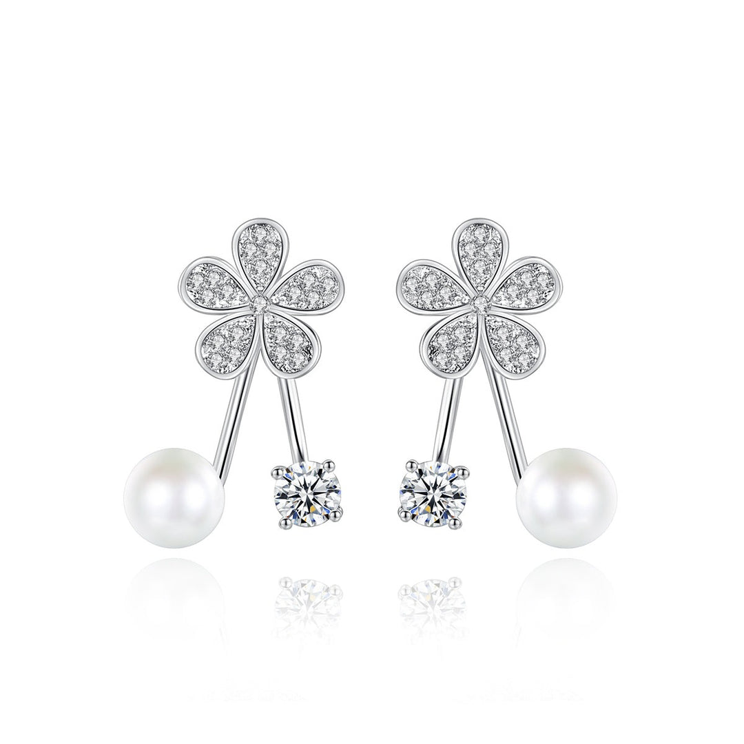 Korean Style Rhodium Plated Cute Flower Pearl Earrings