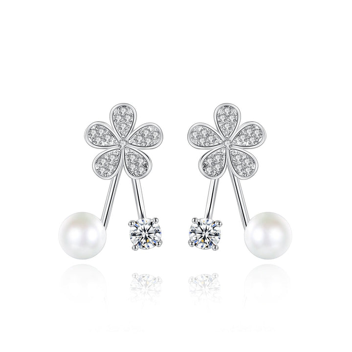 Korean Style Rhodium Plated Cute Flower Pearl Earrings