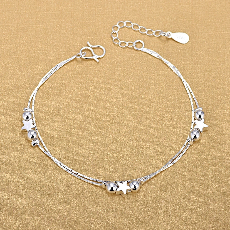 925 Silver Double Twist Chain Beads Star Charm Anklet