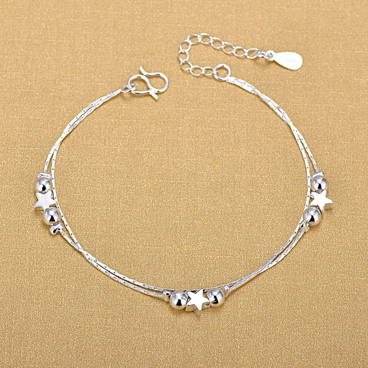 925 Silver Double Twist Chain Beads Star Charm Anklet