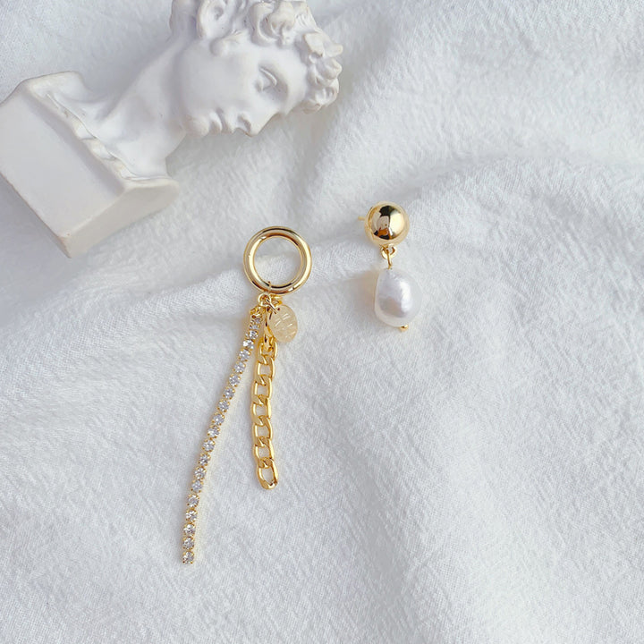 18k Gold Plated Asymmetric Chain Tassel Pearl Drop Earrings