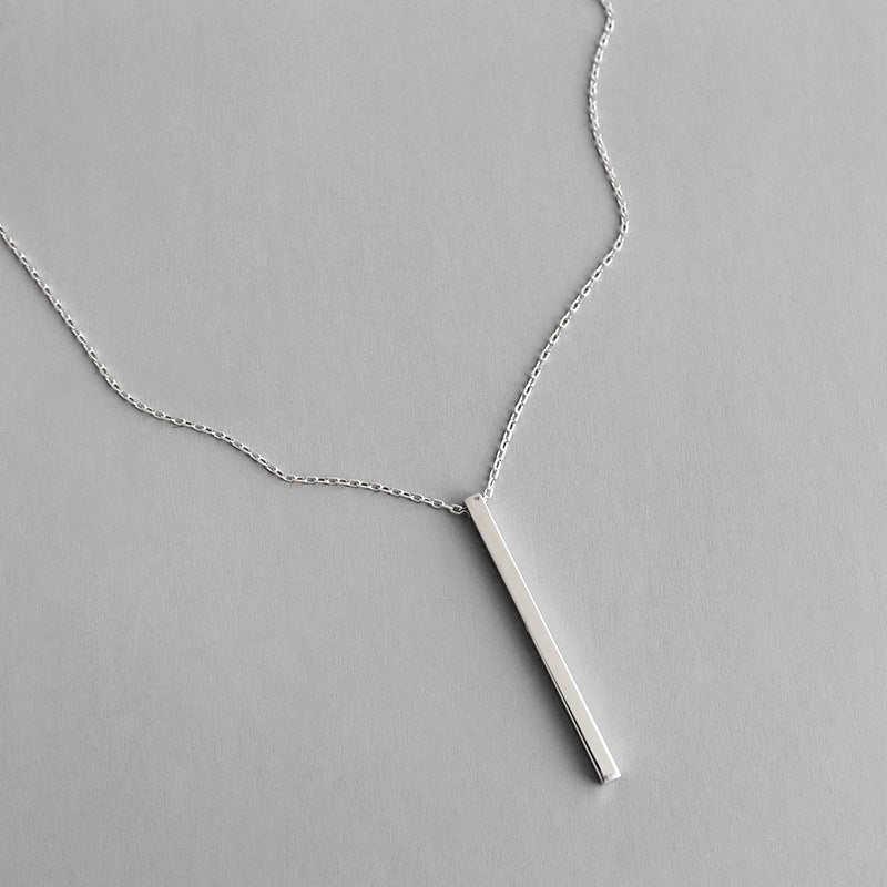 Solid 925 Sterling Silver Geometric Long Bar Pendant Necklace