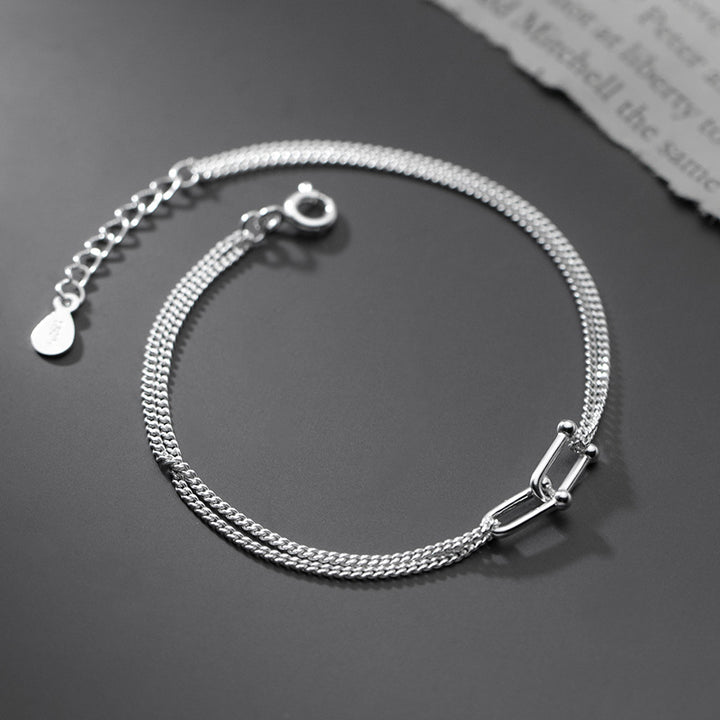 925 Sterling Silver Double Layer Link Chain U Shape Lock Bracelet