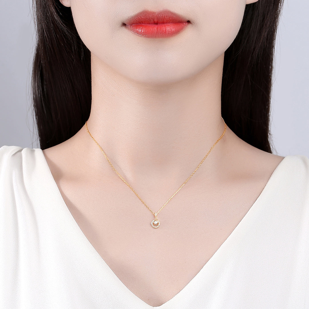 14K Gold Plated Disc Round Pendant with Zirconia Stone Necklace