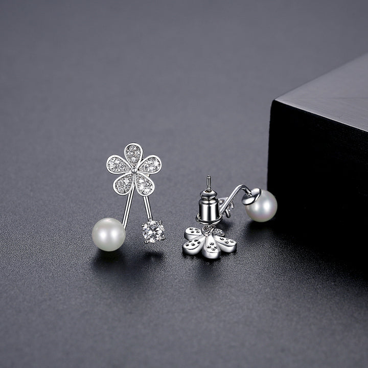 Korean Style Rhodium Plated Cute Flower Pearl Earrings