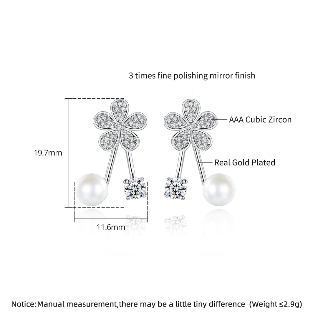 Korean Style Rhodium Plated Cute Flower Pearl Earrings