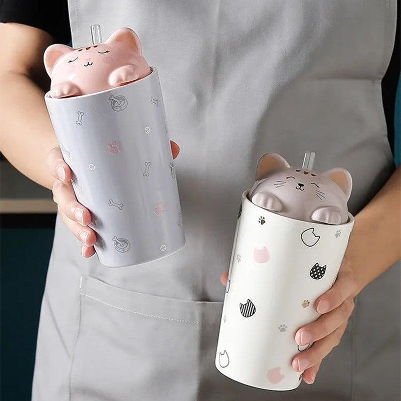 INS Cute Cat Milk Coffee Ceramic Mug With Silicone Straw And Lid