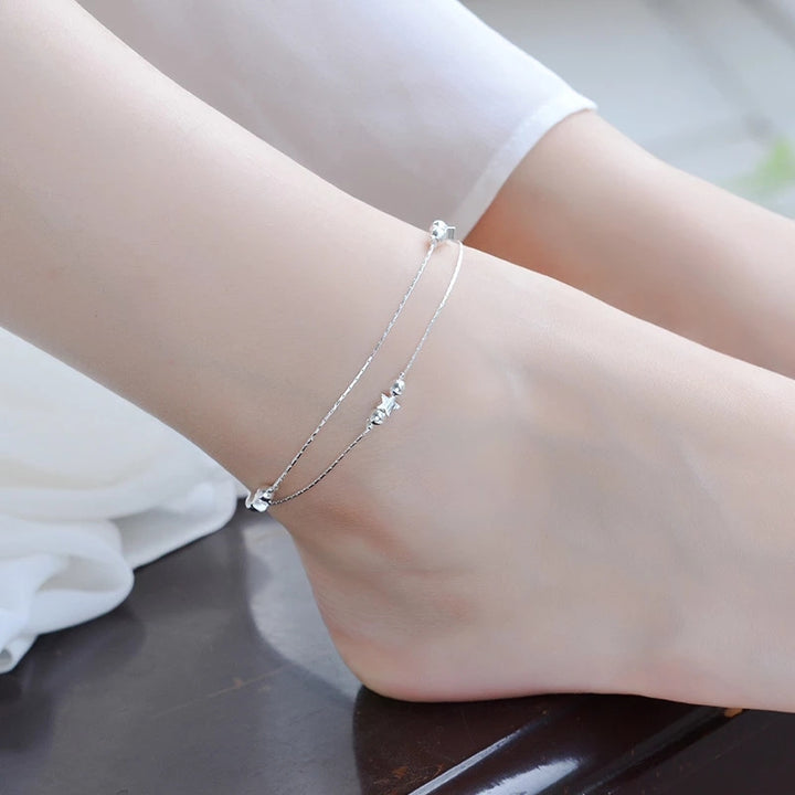 925 Silver Double Twist Chain Beads Star Charm Anklet