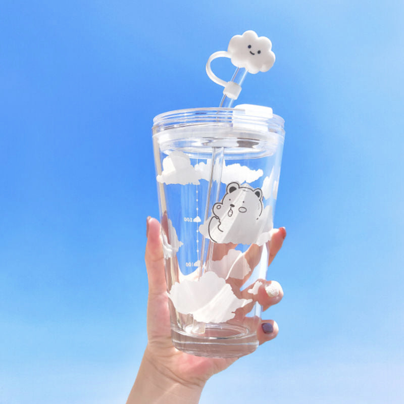 Cartoon Clouds Glass Cup with Straw and Lid 450ml