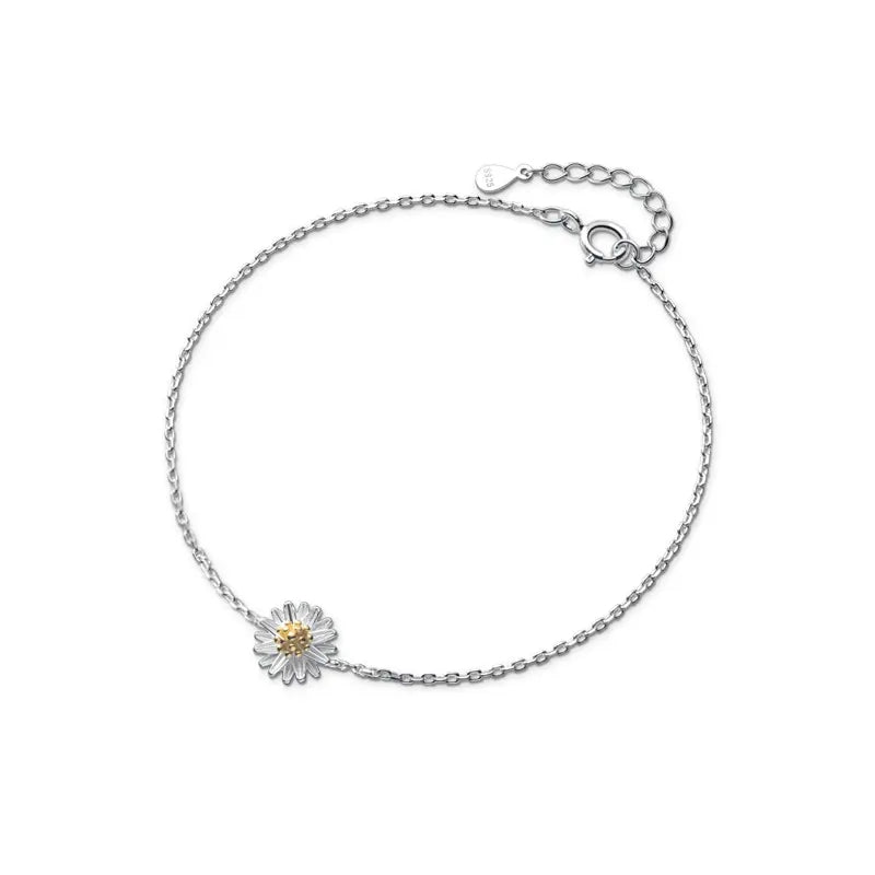 925 Sterling Silver Daisy White Flower Charm Bracelet