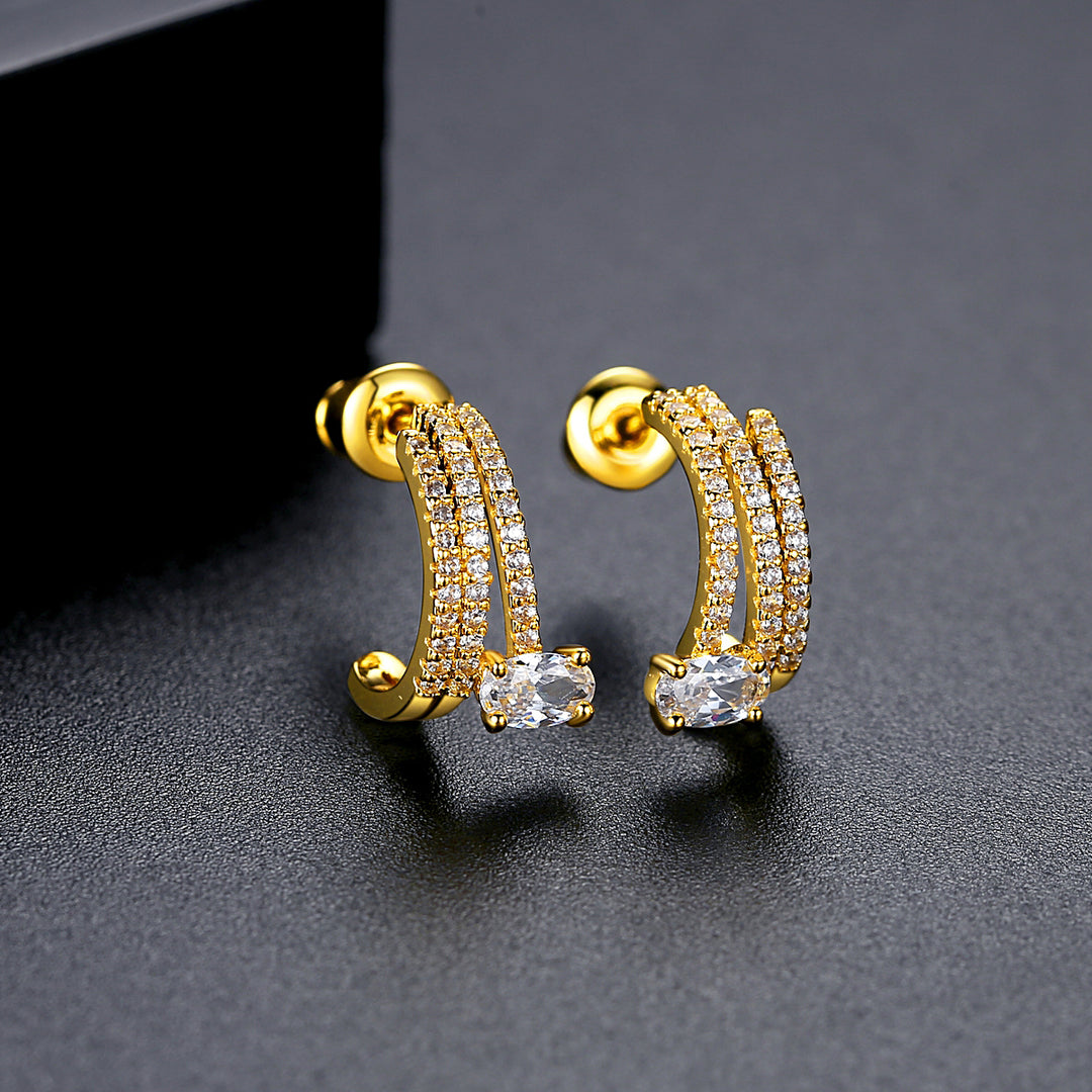 Gold Plated Cubic Zirconia C Shape Stud Earrings