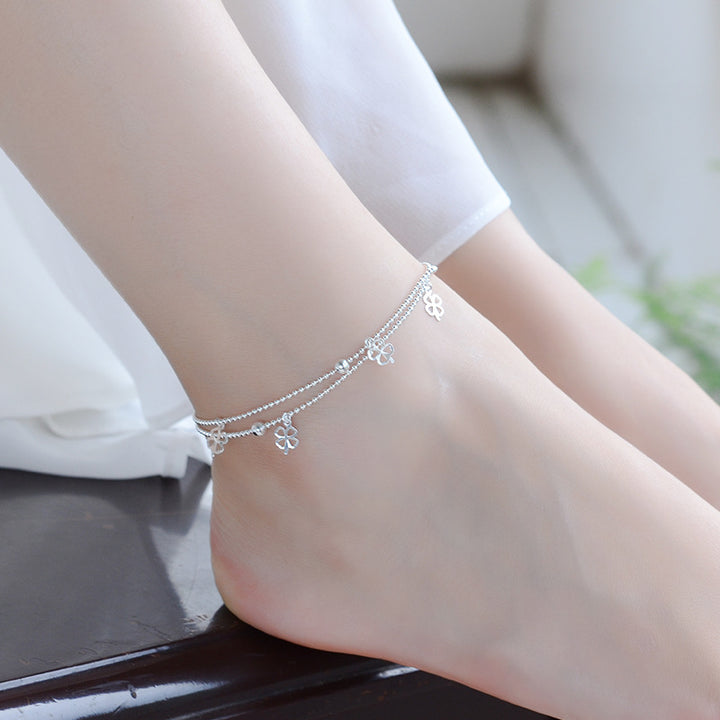 925 Sterling Silver Handmade Double Layer Ball Chain Anklet