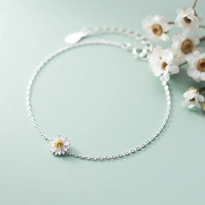 925 Sterling Silver Daisy White Flower Charm Bracelet