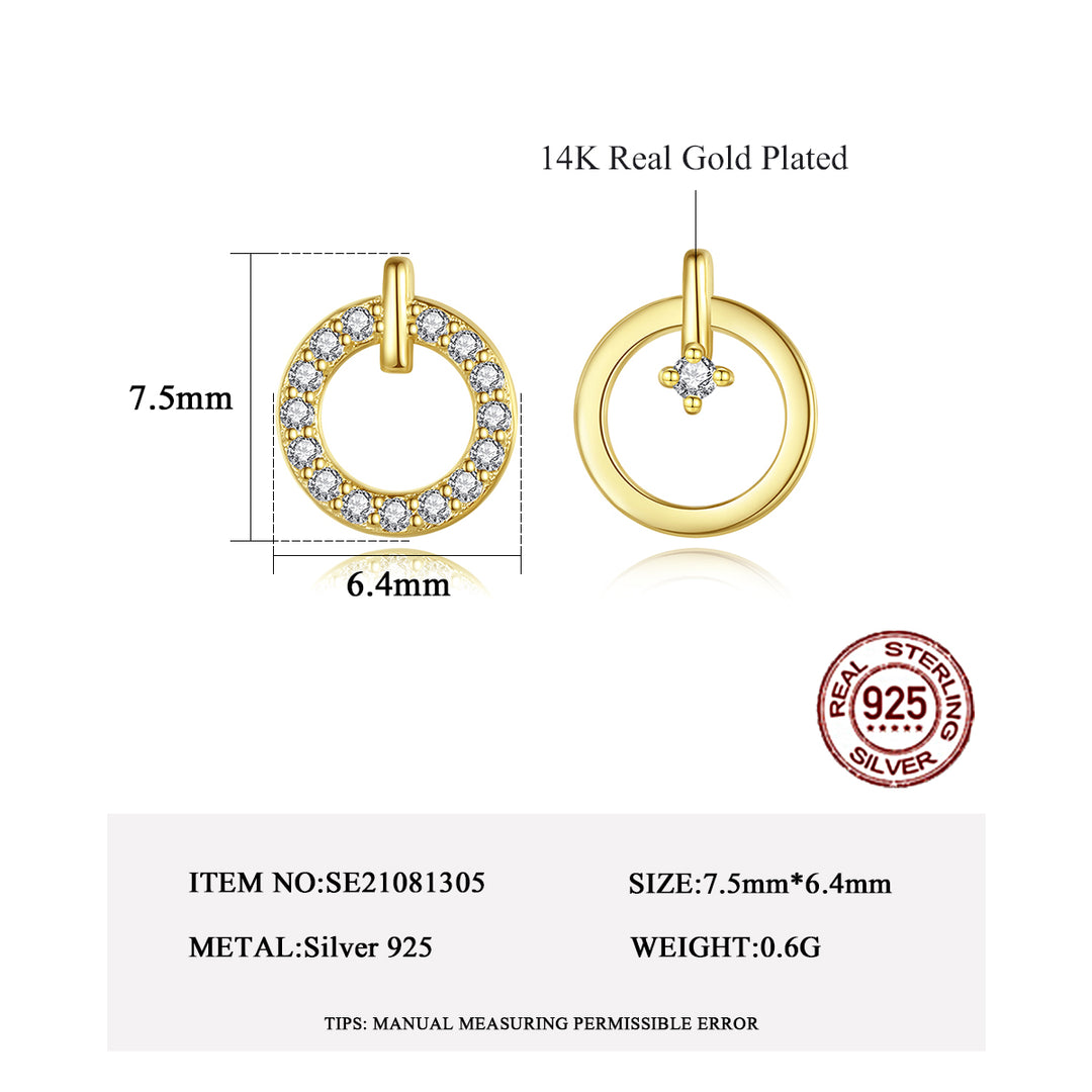 925 纯银 14K 镀金锆石吊坠圆形耳环