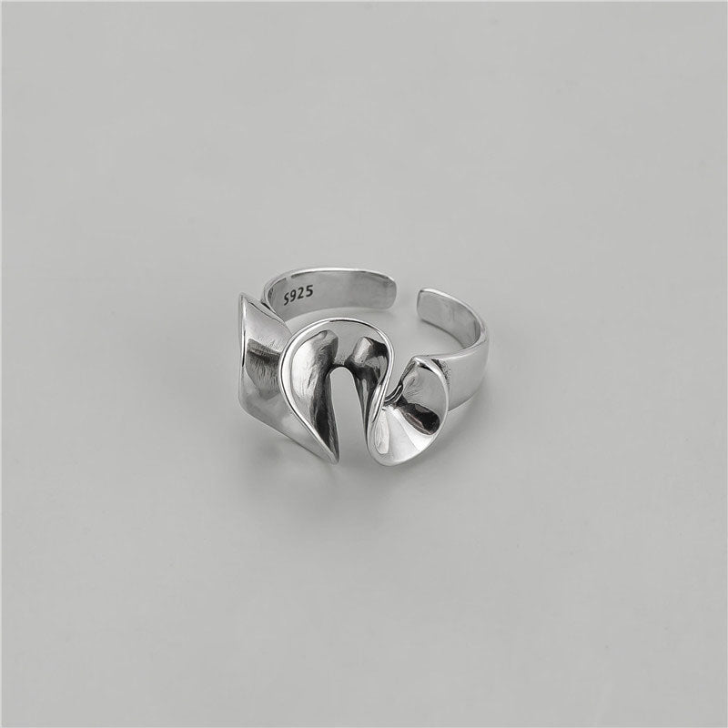 Geometric 925 Sterling Silver Abstract Art Design Edge Skirt Adjustable Ring