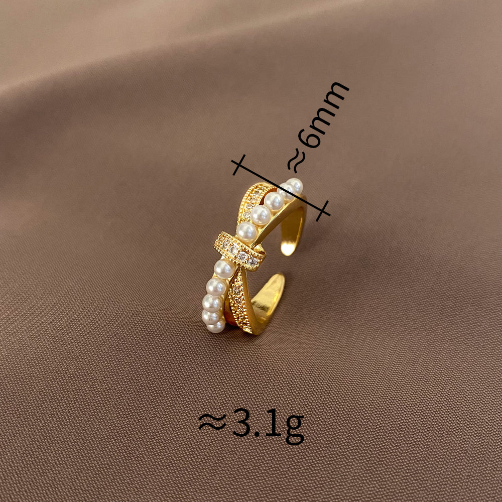 18k Gold Plated Inlay CZ Pearl Twisted Cross Knot Adjustable Ring