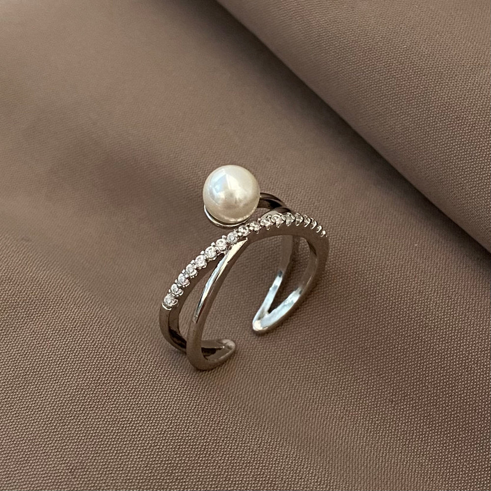 18k Gold Plated CZ Pearl Geometric Cross Layered Finger Ring