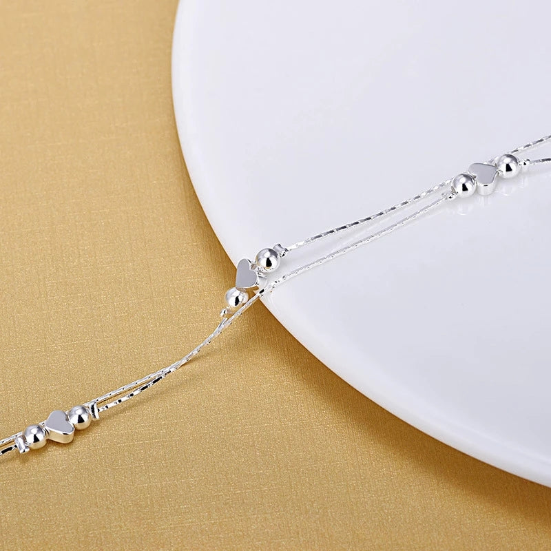 925 Sterling Silver Double Twist Chain Beads Heart Anklet