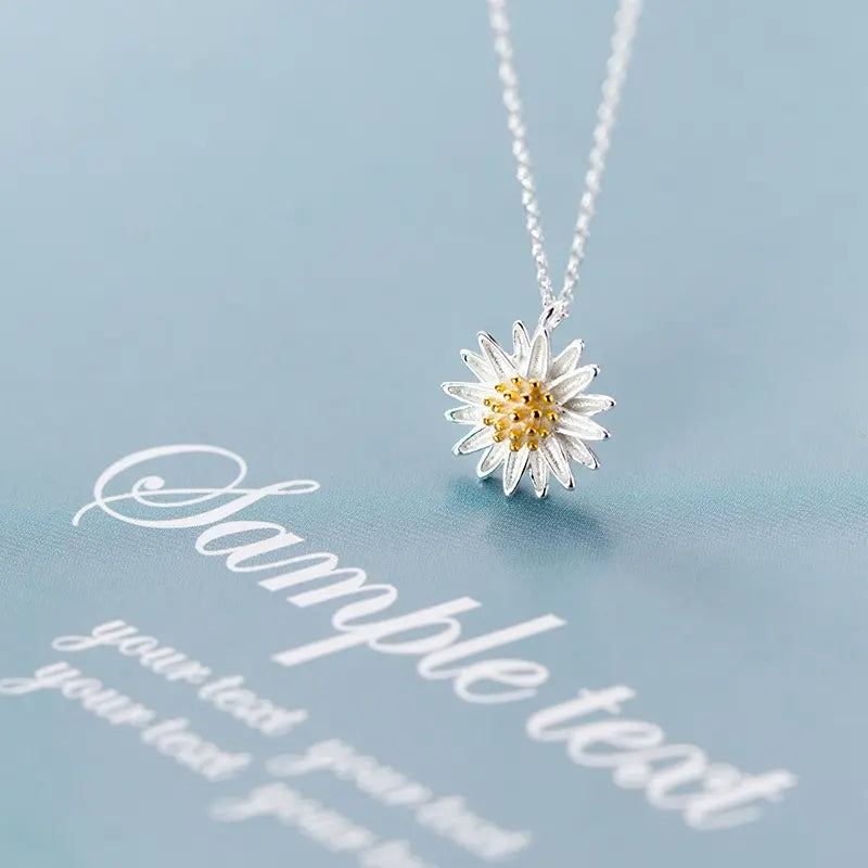 925 Sterling Silver Blooming Yellow Daisy Flower Pendant Necklace