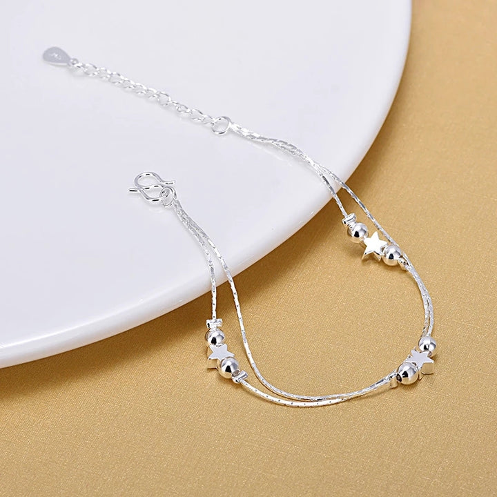 925 Silver Double Twist Chain Beads Star Charm Anklet